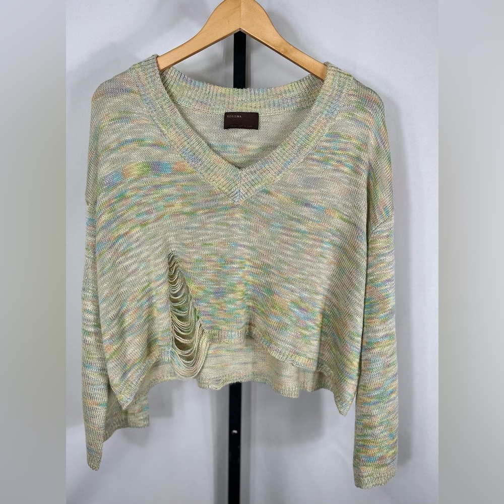 Kerisma Green Yellow Rainbow V Neck Flared Sleeve Distressed Cropped Sweater